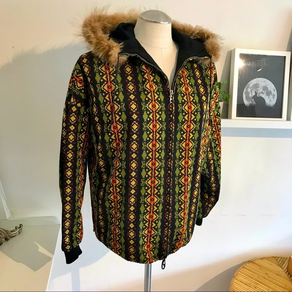 Vintage 1960s Aztec Print Jacket, Fur-trimmed Hood, West Germany, Size Medium - Picture 2 of 10